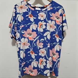Express Open Back Keyhole Twist Top Women Size Large Blue Pink Floral Stretch